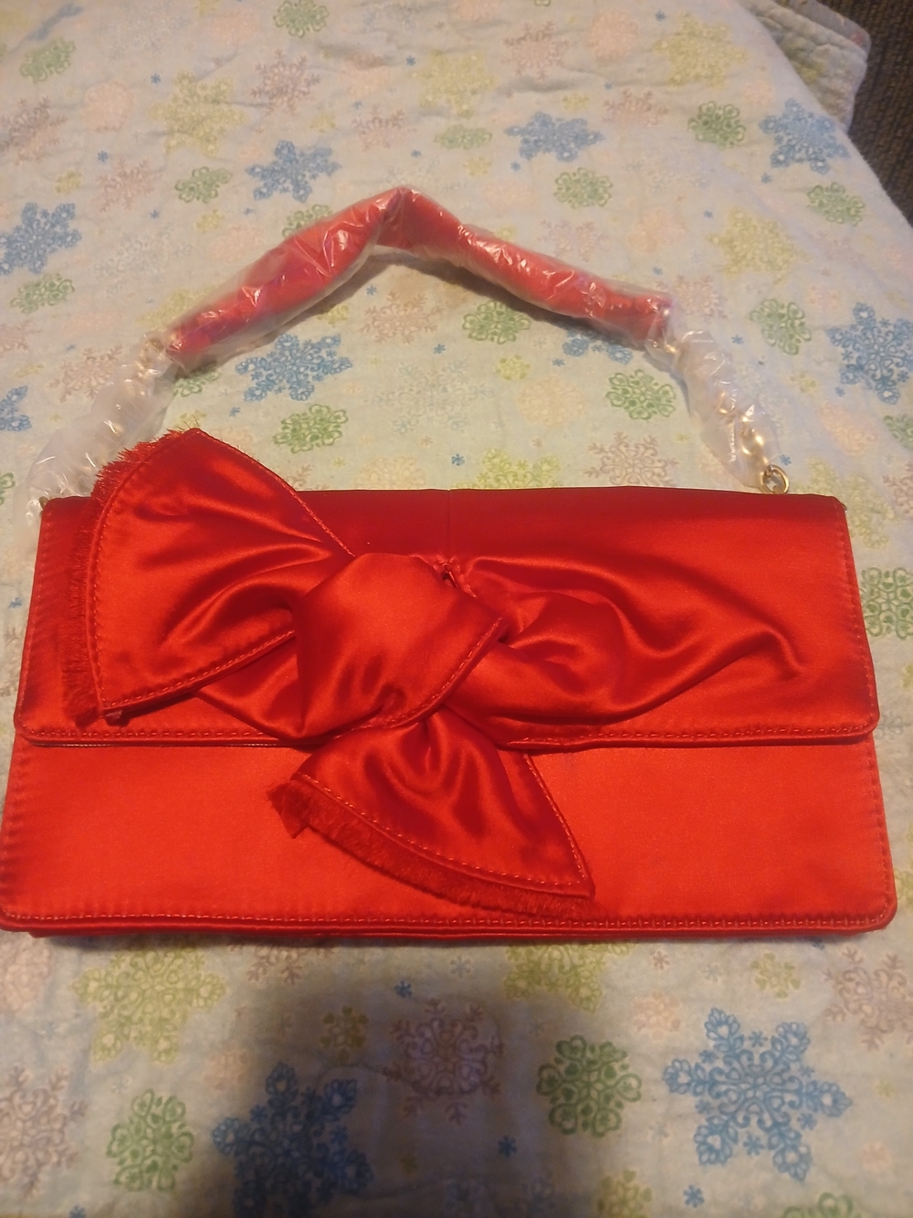 BCBGMaxAzria Red Satin Bow Clutch With Shoulder Strap